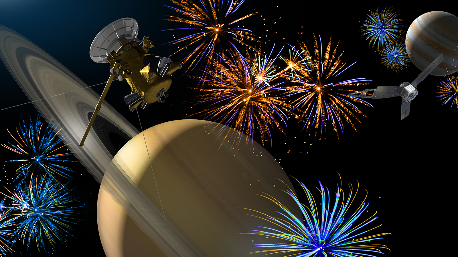 Saturn illustrated with fourth of July themes.
