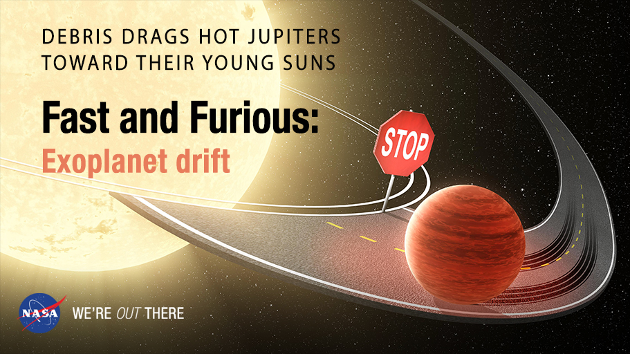 A hot Jupiter races toward its star, only to be halted by a stop sign, symbolizing drag.