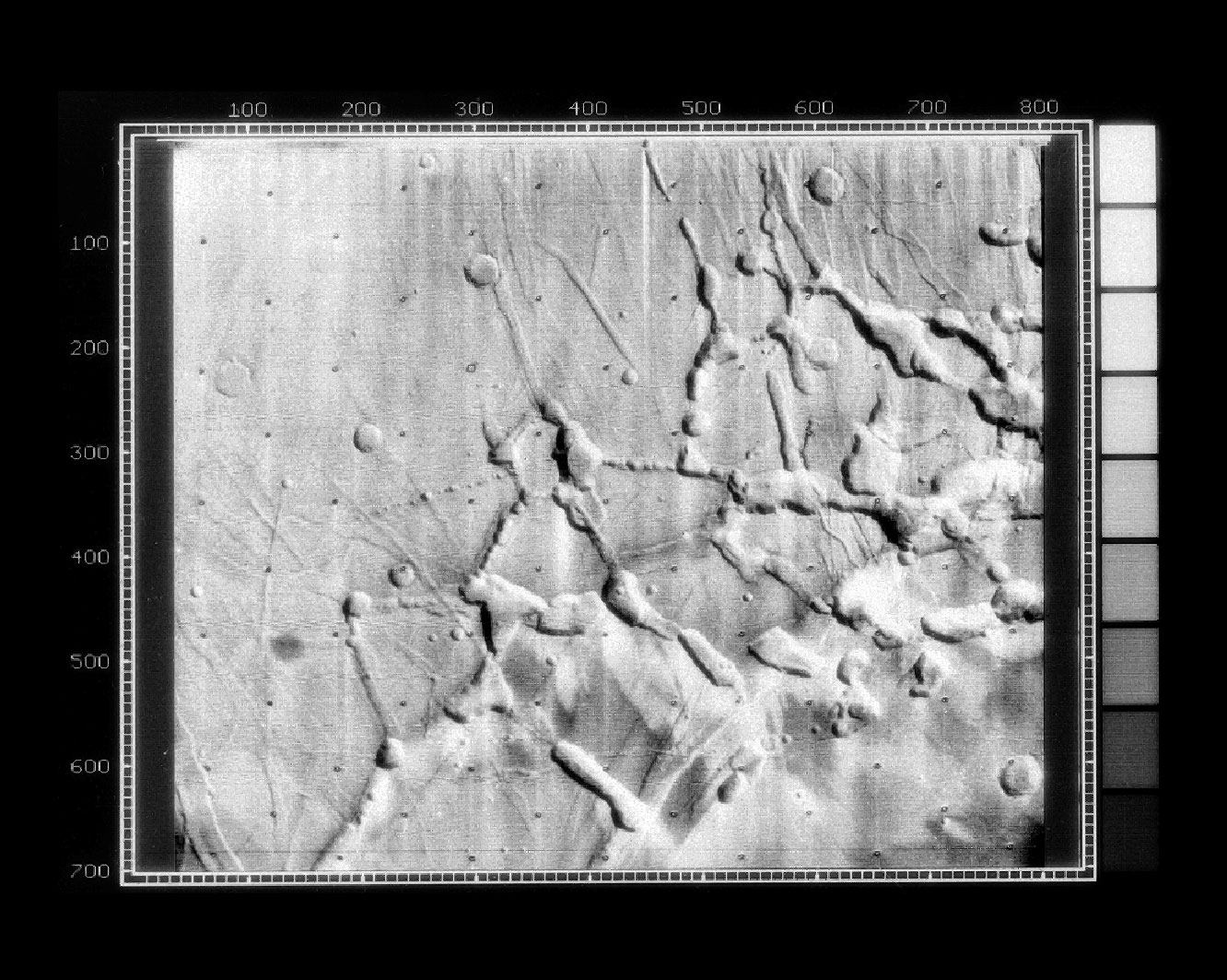 Mariner 9's view of the "labyrinth" at the western end of Vallis Marineris on Mars.
