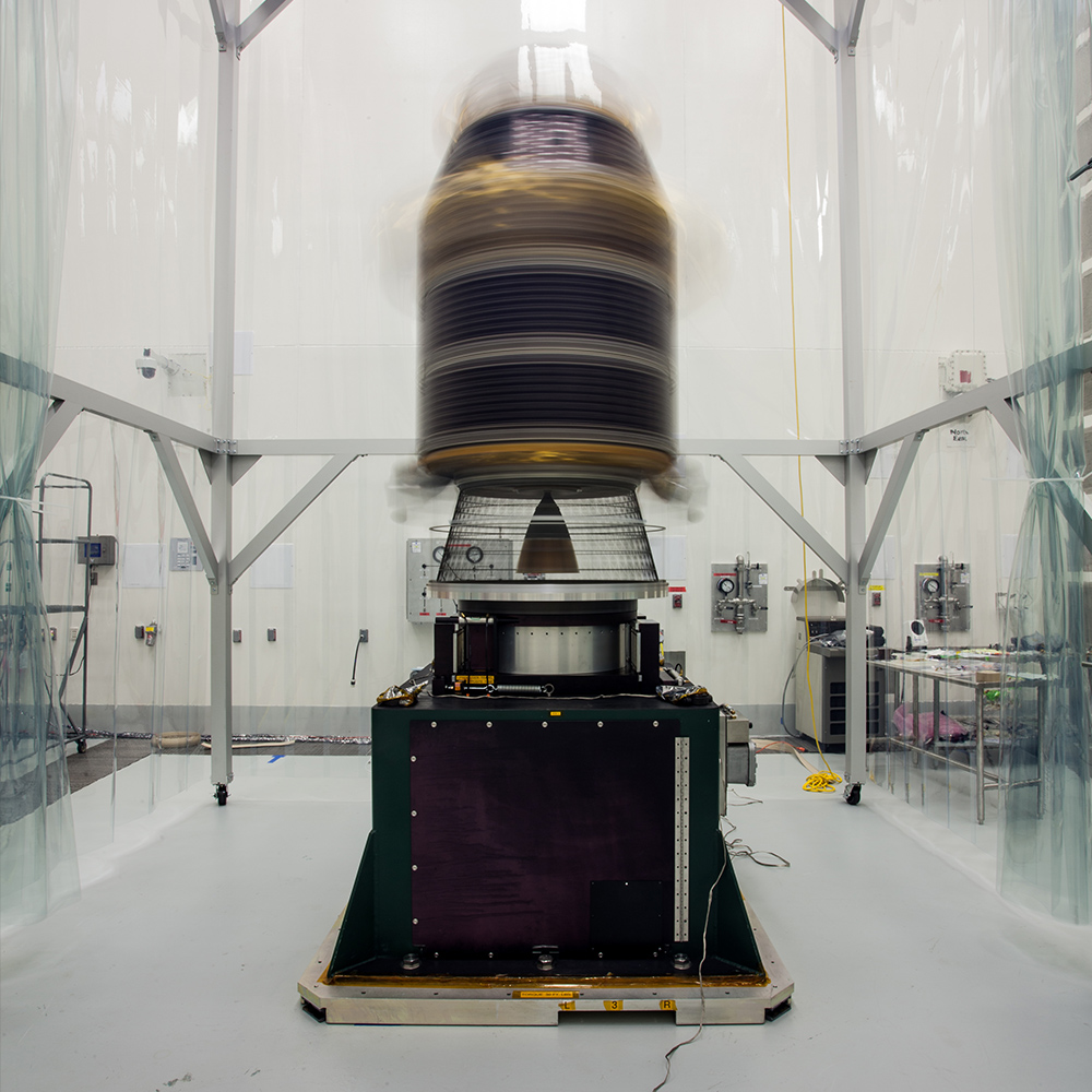 To make sure that the Lunar Atmosphere and Dust Environment (LADEE) spacecraft is perfectly balanced for flight, engineers mount it onto a spin table and rotate it at high speeds, approximately one revolution per second.