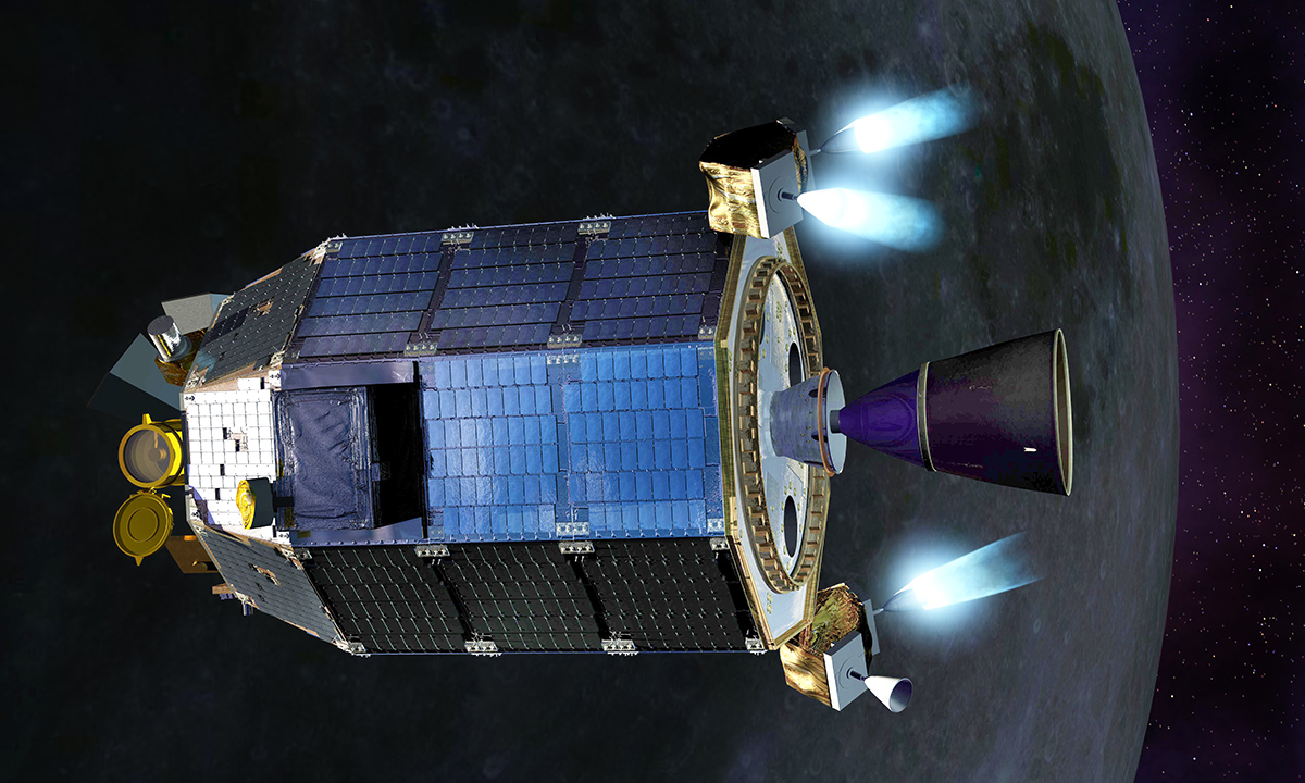 An artist's concept of NASA's Lunar Atmosphere and Dust Environment Explorer (LADEE) spacecraft firing its maneuvering thrusters in order to maintain a safe altitude as it orbits the moon.