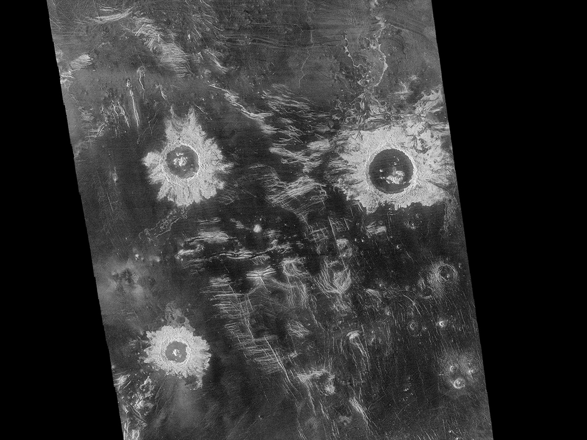 Three large meteorite impact craters, with diameters that range from 37 to 50 km (23 to 31 miles), are seen in this image of the Lavinia region on Venus.