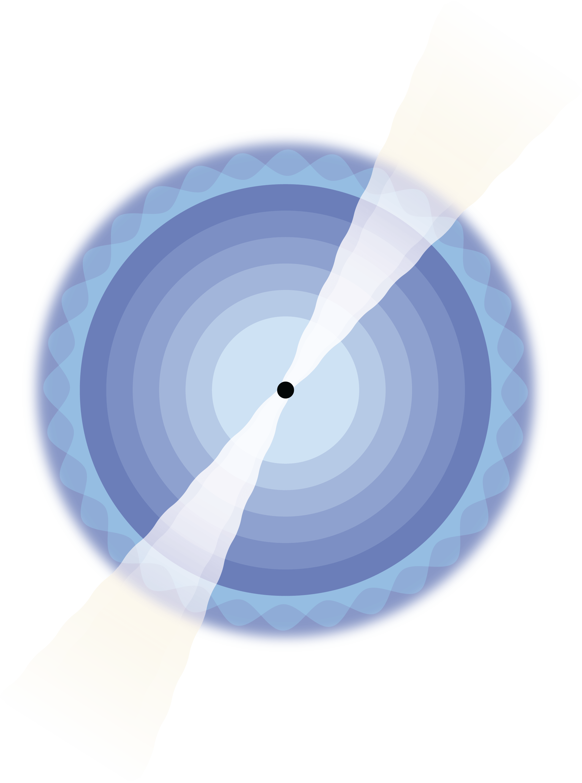 At the center of a series of nested blue circles is a black dot representing a black hole. A pair of cone-shaped, white jets emerge from either side of the black hole, tilted 45 degrees from vertical. The outermost blue circle has layered scalloped edges.