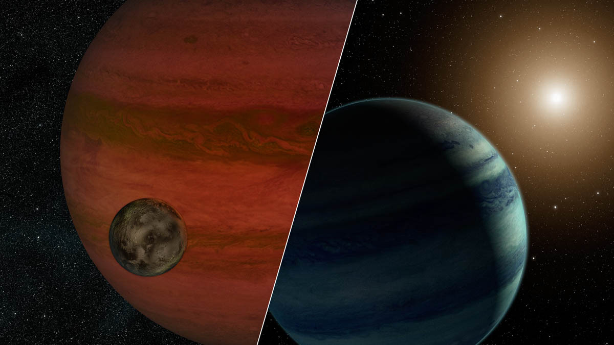 Researchers have detected the first "exomoon" candidate -- a moon orbiting a planet that lies outside our solar system. Using a technique called "microlensing," they observed what could be either a moon and a planet -- or a planet and a star. This artist's conception depicts the two possibilities, with the planet/moon pairing on the left, and star/planet on the right. If the moon scenario is true, the moon would weigh less than Earth, and the planet would be more massive than Jupiter.