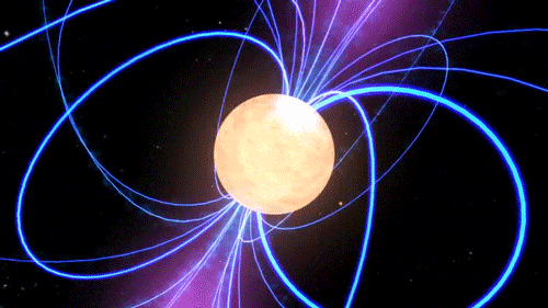 A yellow ball spins at the center of the image, representing a neutron star. The magnetic field lines are visualized as electric blue lines that spin with the star. The lines start near the top of the sphere, arc out into space, landing back on the bottom of the sphere. The field lines closest to the top of the neutron star spill off the screen.