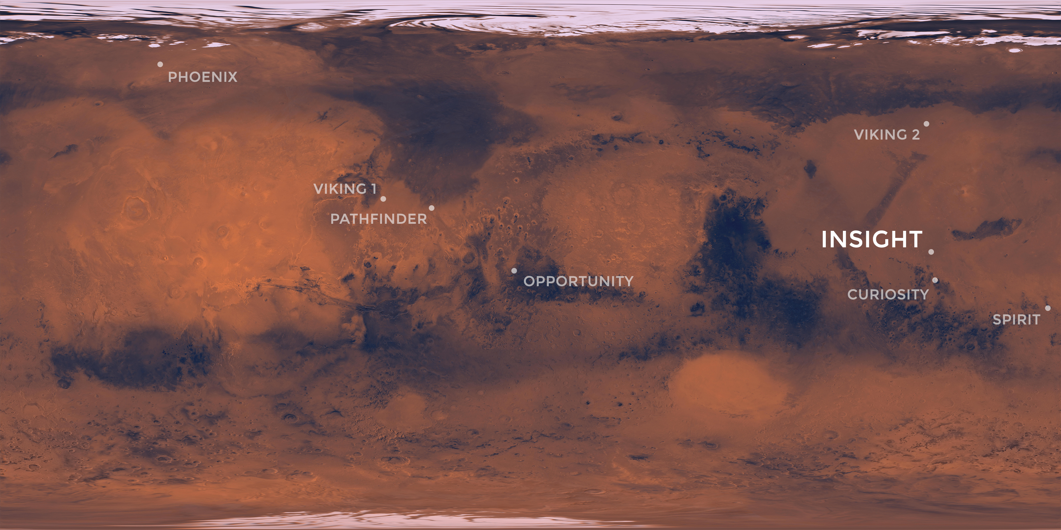 Map of Mars with spacecraft landing sites labeled.