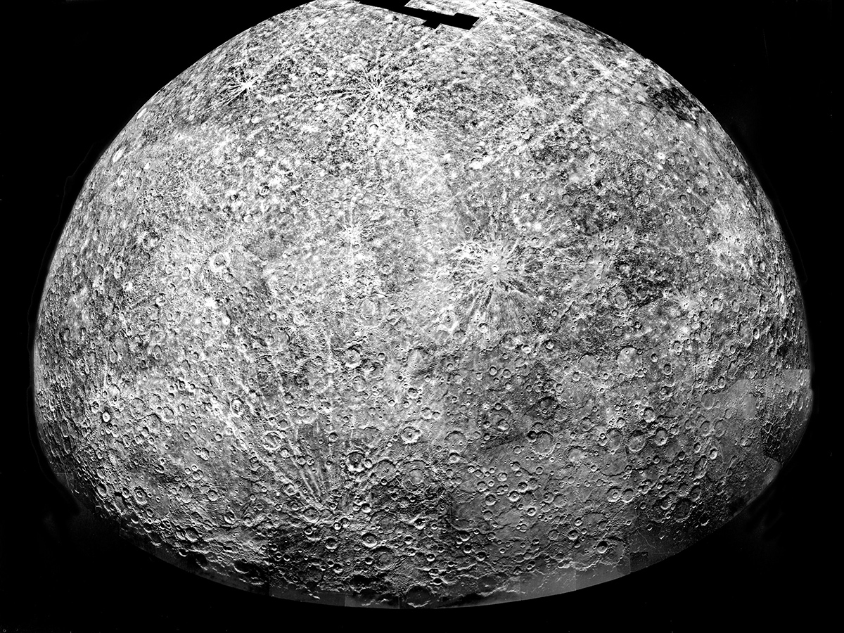 The crater-packed southern hemisphere of Mercury is seen in mosaic in this series of Mariner 10 images.