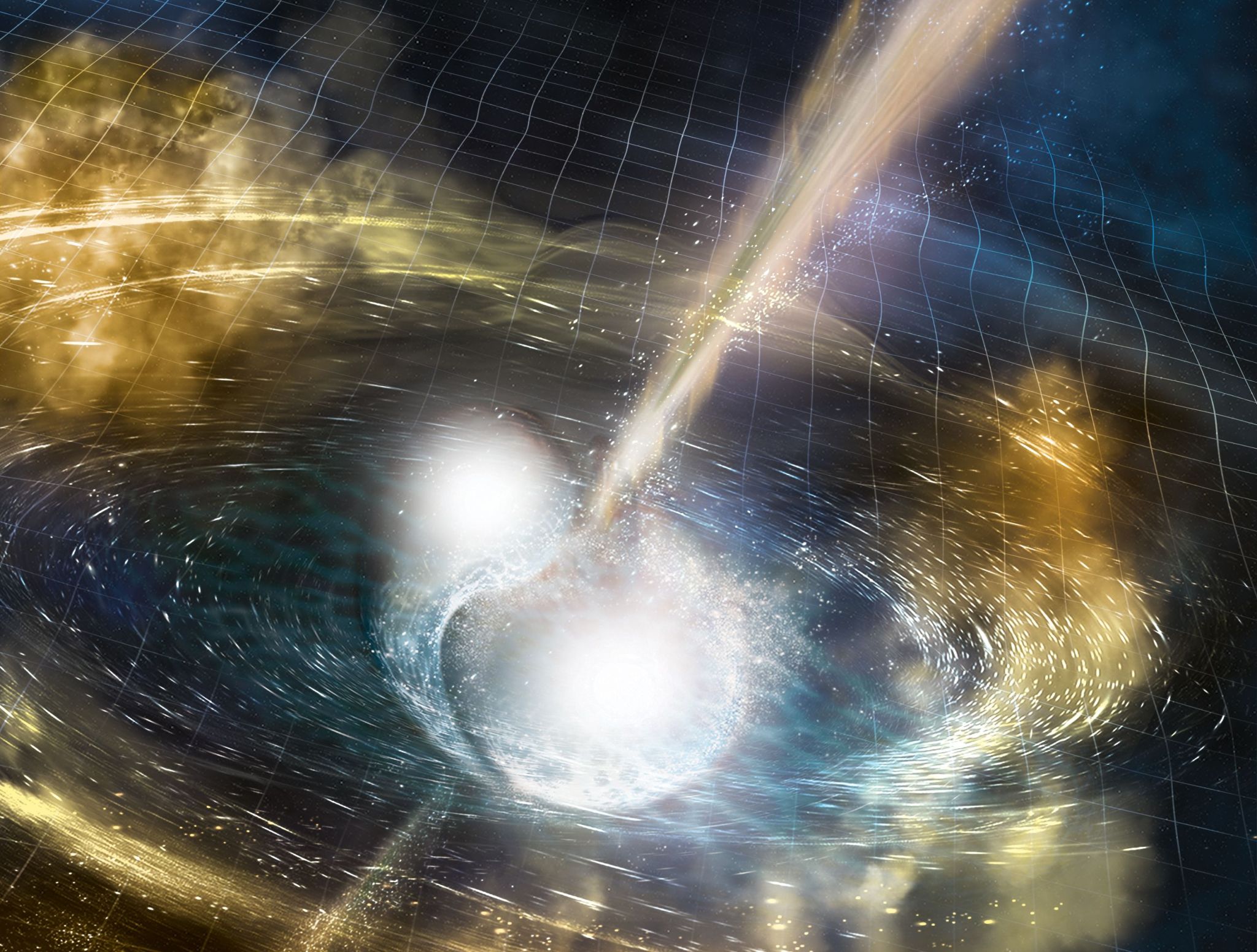 At the center of this illustration is a bright region of light that looks like two balls that haven't quite merged into one. Two rays of white and orange light emanate from that central collision, one up and to the right, the other down and to the left, though you can't see the one to the left quite as well because there is also a disk of swirling material blocking the view. There is also a faint grid across the entire image, representing space-time. Ripples in the grid can be seen at the edges of the image, showing gravitational waves that had been emitted by the merger.
