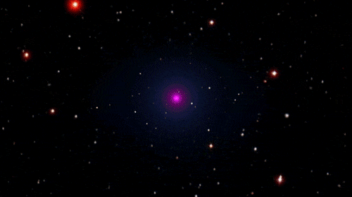 A star shown in purple at the center of this starfield pulses, quickly getting brighter and dimmer.