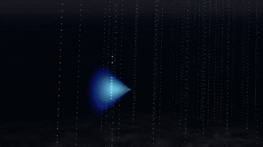 This animation shows a cone of blue light travelling across the screen. As it travels, it passes the IceCube detectors that look like long, straight strings of beads. Some of the beads light up, indicating where the cone of light was picked up by the detectors.