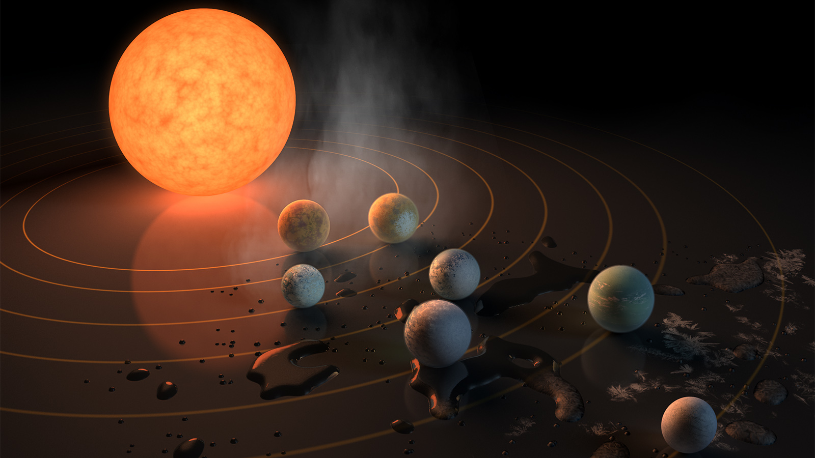 Seven planets rest on a surface around their star TRAPPIST-1.