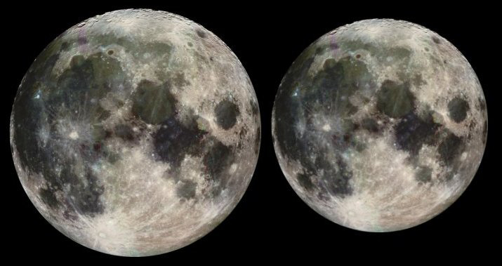 The above illustration, based on Galileo spacecraft images, shows the approximate difference in apparent size between a full moon at perigee (the closest point in the lunar orbit, pictured at left) and a full moon at apogee, the farthest point in the lunar orbit.
