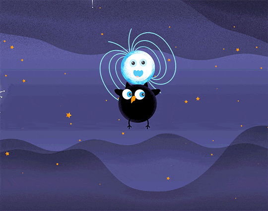 Against a purple background dotted with orange stars, a black hole bird and a neutron star orbit each other. The black hole bird character is a round black bird, representing a black hole, with an orange beak, two round eyes, two small horn-shaped ear tufts on top of their head, small wings on either side, and narrow stick-like legs. As they circle the neutron star, they flap their wings, spin around, and bop their head. The neutron star character is depicted as a white circle with light blue arcs drawn from their top to their bottom, indicating their strong magnetic fields. As it orbits the black hole bird, the neutron star spins around like it’s doing cartwheels and it has a happy expression.