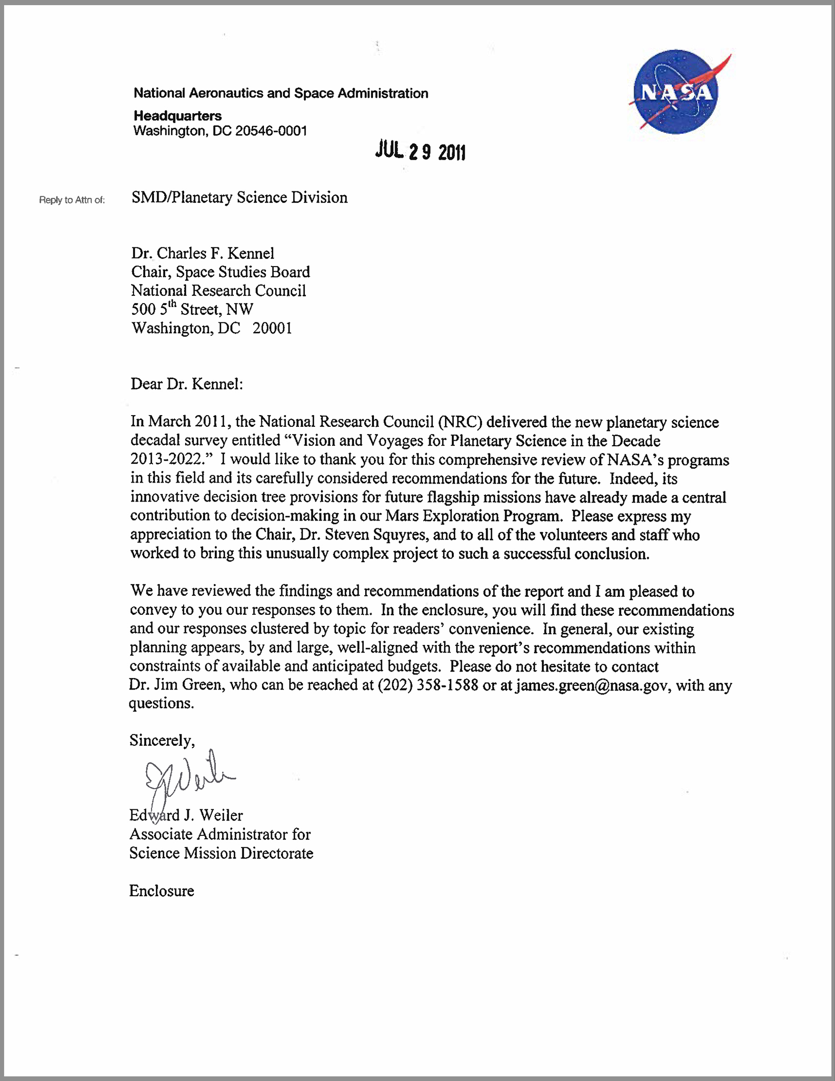 NASA Science Division Response to the Decadal