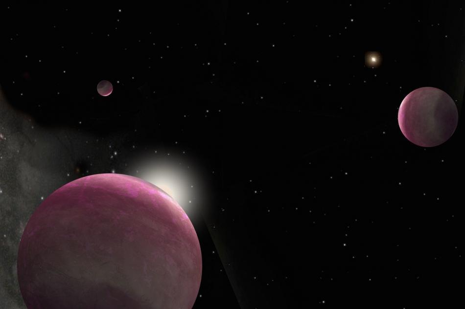 Illustration of three pink gas planets orbiting two stars.