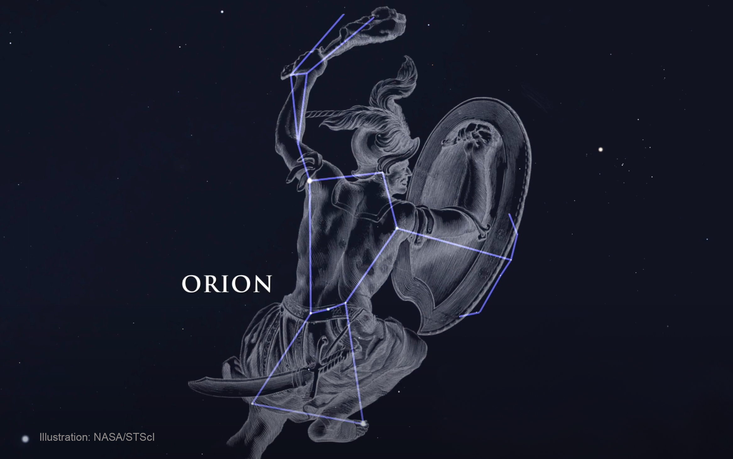 Illustration of the Orion constellation. This image is on a black background with stars sprinkled around the image. In the center there is a drawing of the mythological figure of Orion – a man wearing a feathered helmet, strips of metal across his back and wrapped around his upper arm, and a warrior’s defensive skirt. He holds a large oval shield in his right hand and a club in his left. There is a long sword hanging from his belt. In addition to the realistic drawing of the man, the main stars are shown and connected by lines. The image is watermarked with, “Illustration: NASA/STScI.”