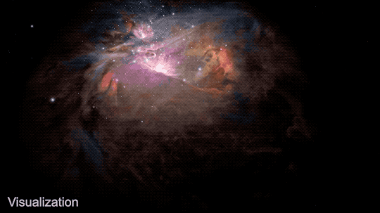 This visualization flies through a 3D model of the Orion Nebula. The animation opens on the Hubble image of the nebula, then the camer approaches the lower-right side of the nebula. The fly-through takes the camera just over the top of puffy cloud-like structures which have a number of small glowing stars sprinkled over the top. The graphic is watermarked, “Visualization.”