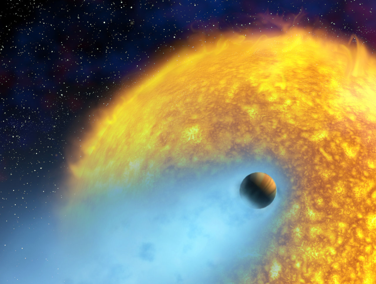 An artist's conception of HD 209458 b, an exoplanet whose atmosphere is being torn off at more than 35,000 km/hour by the radiation of its close-by parent star. This hot Jupiter was the first alien world discovered via the transit method, and the first planet to have its atmosphere studied. Image credit: NASA/European Space Agency/Alfred Vidal-Madjar (Institut d'Astrophysique de Paris, CNRS)