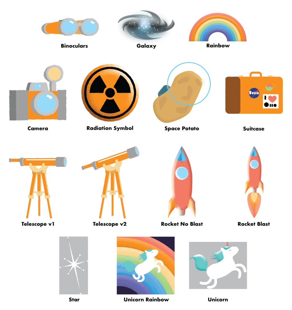 An array of cartoon assets including a galaxy, rainbow, telescopes, and unicorn.