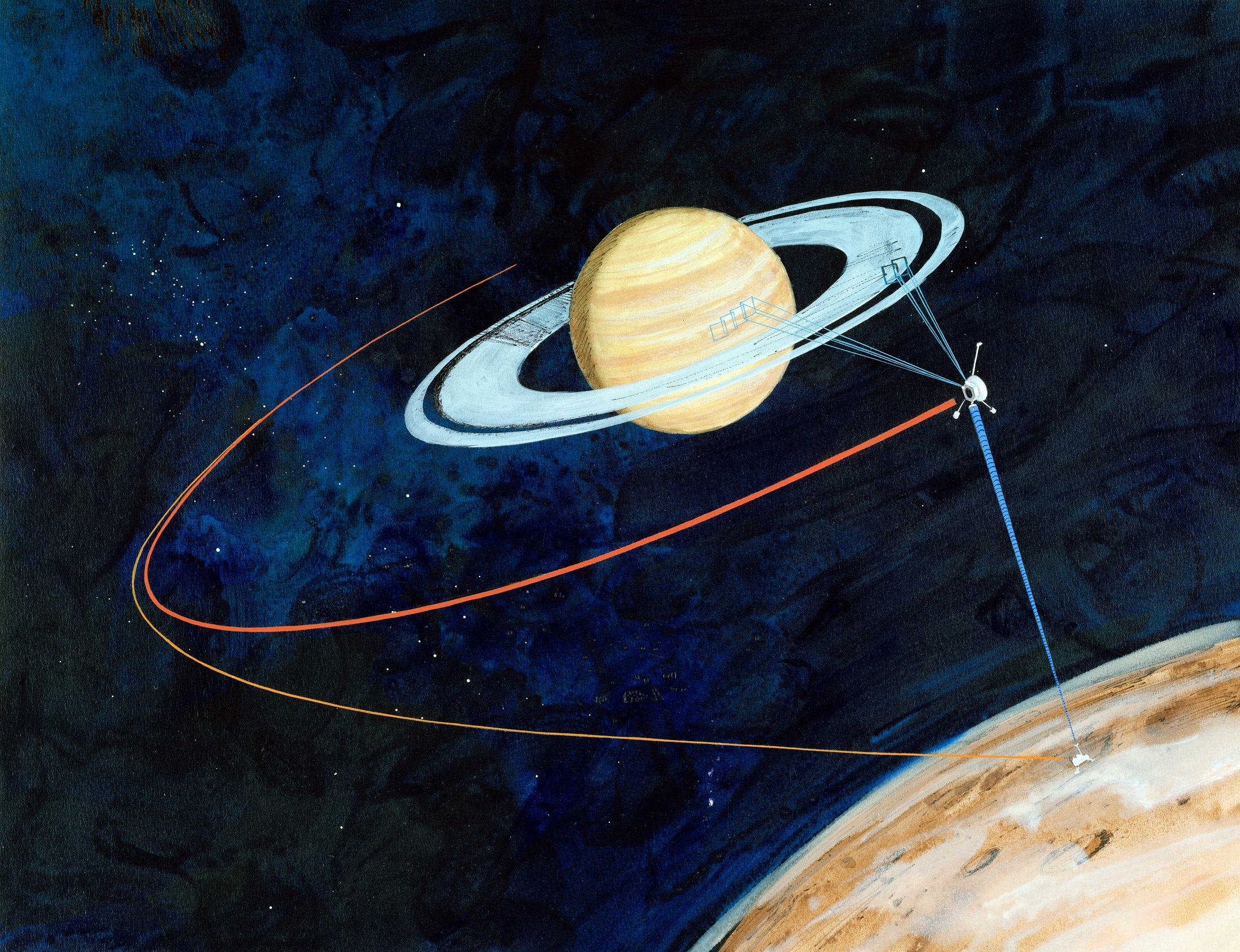 Painting of spacecraft and lander exploring Saturn and Titan.