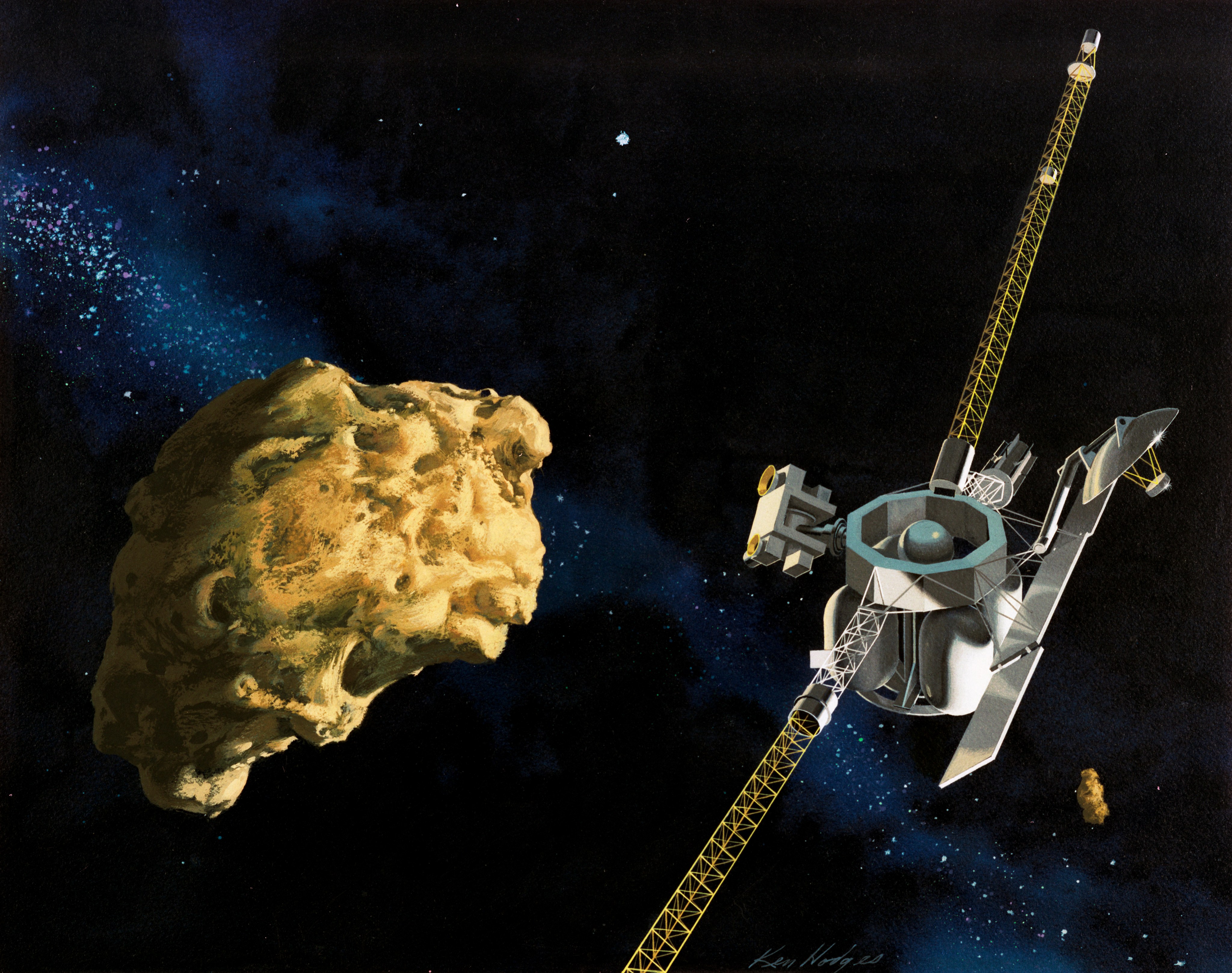 Painting of spacecraft flying close to a comet.