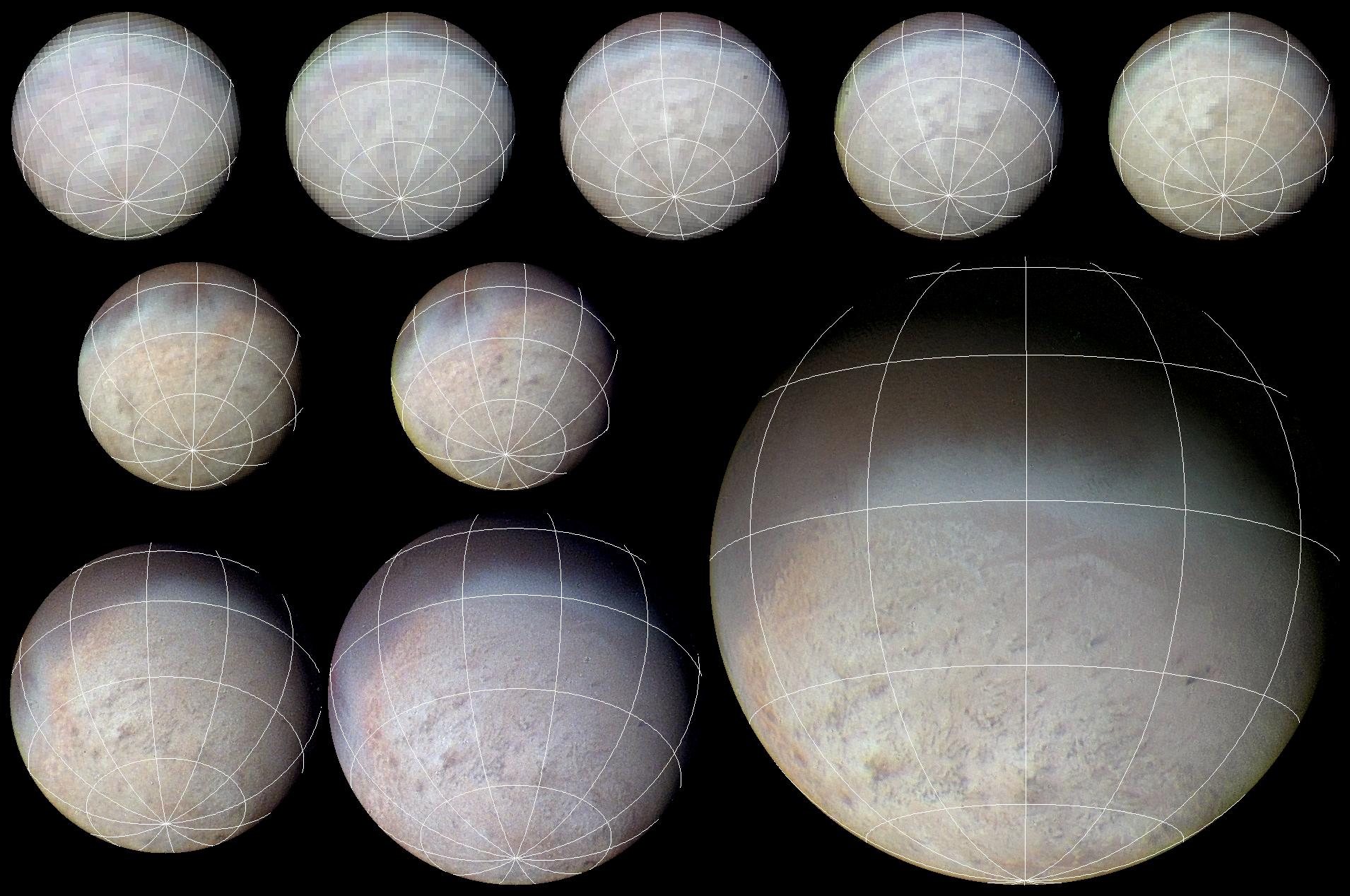 Triton Voyager 2 approach sequence with latitude-longitude grid superposed.
