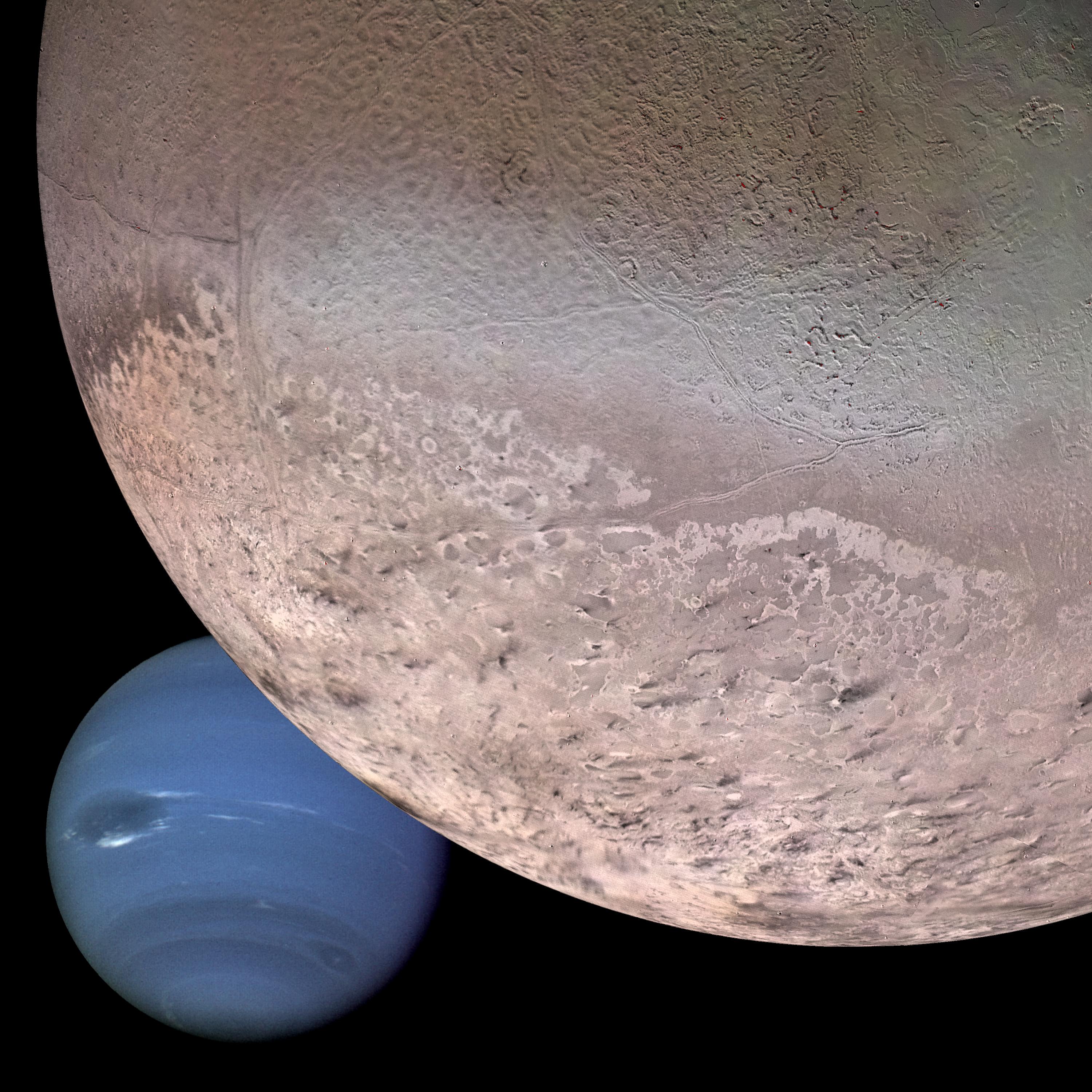 This computer generated montage shows Neptune as it would appear from a spacecraft approaching Triton, Neptune's largest moon at 2706 km (1683 mi) in diameter.