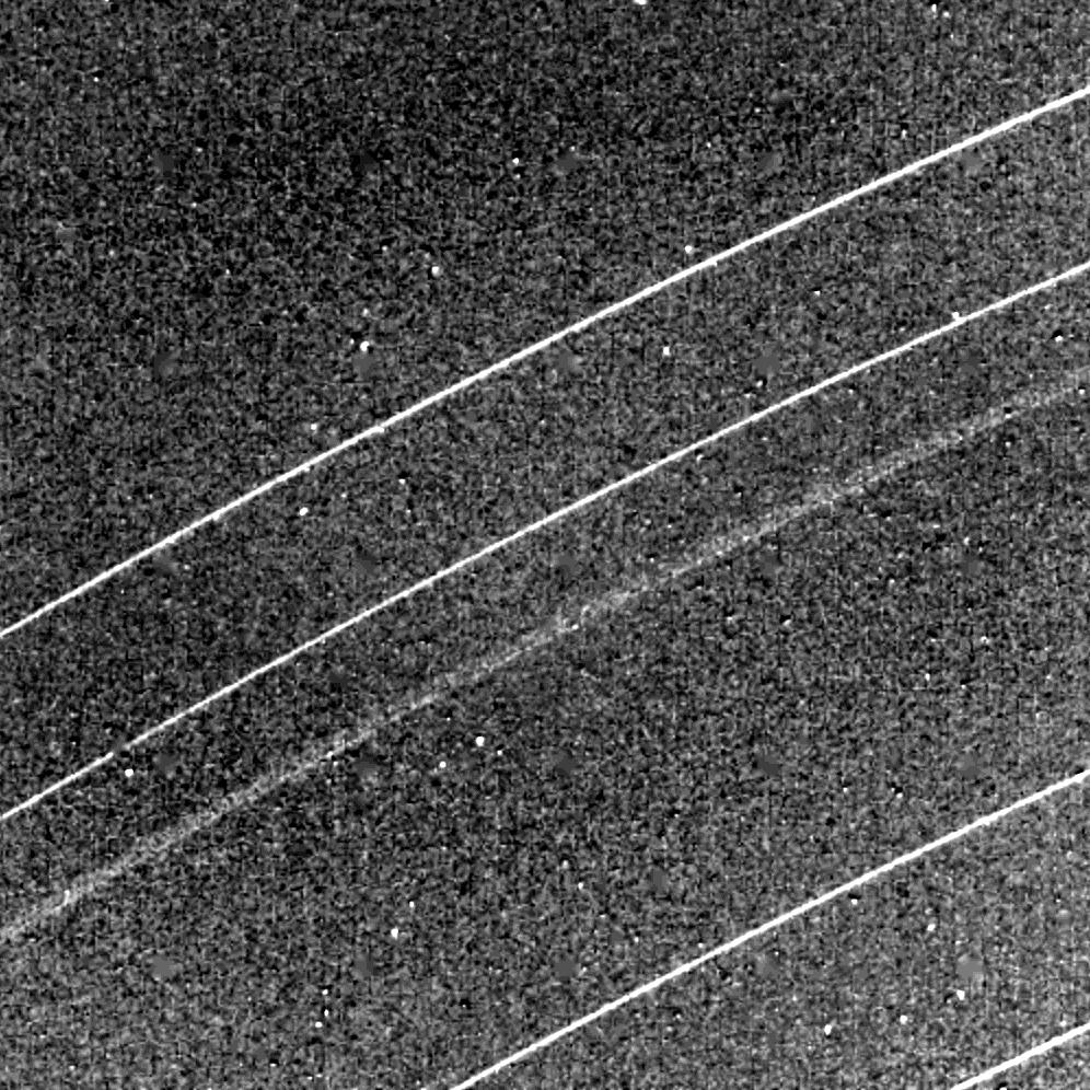 This Voyager 2 image of the Uranian rings delta, gamma, eta, beta and alpha (from top) was taken Jan. 23, 1986.