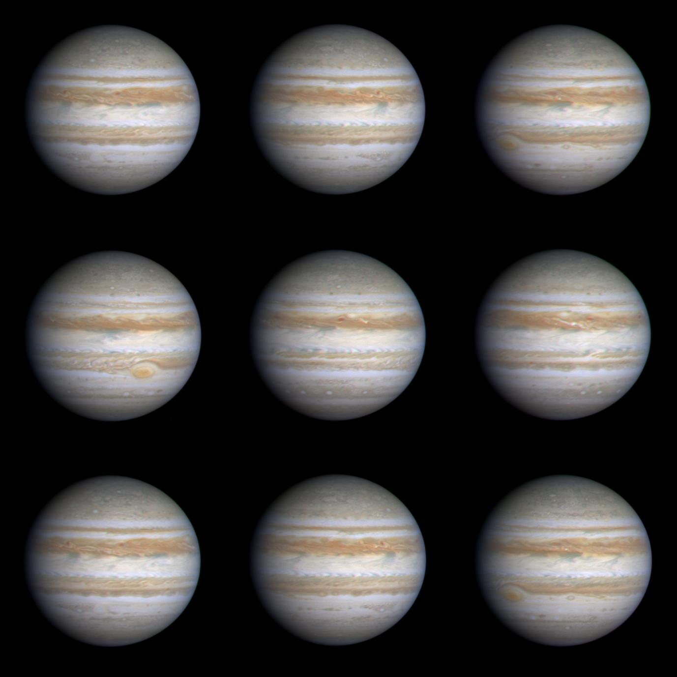This sequence of nine true-color, narrow-angle images shows the varying appearance of Jupiter as it rotated through more than a complete 360-degree turn.