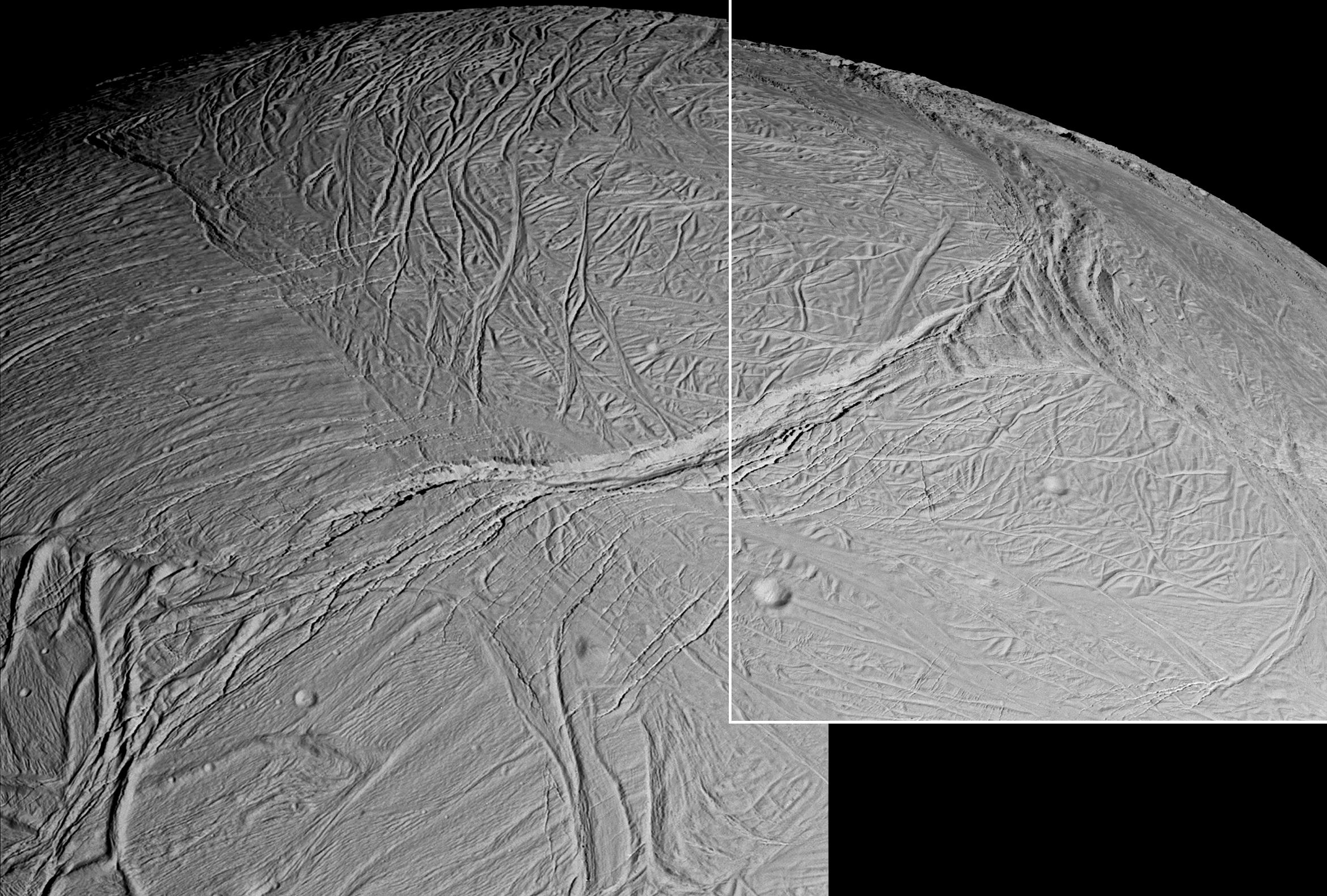 Enceladus' myriad of faults, fractures, folds, troughs and craters