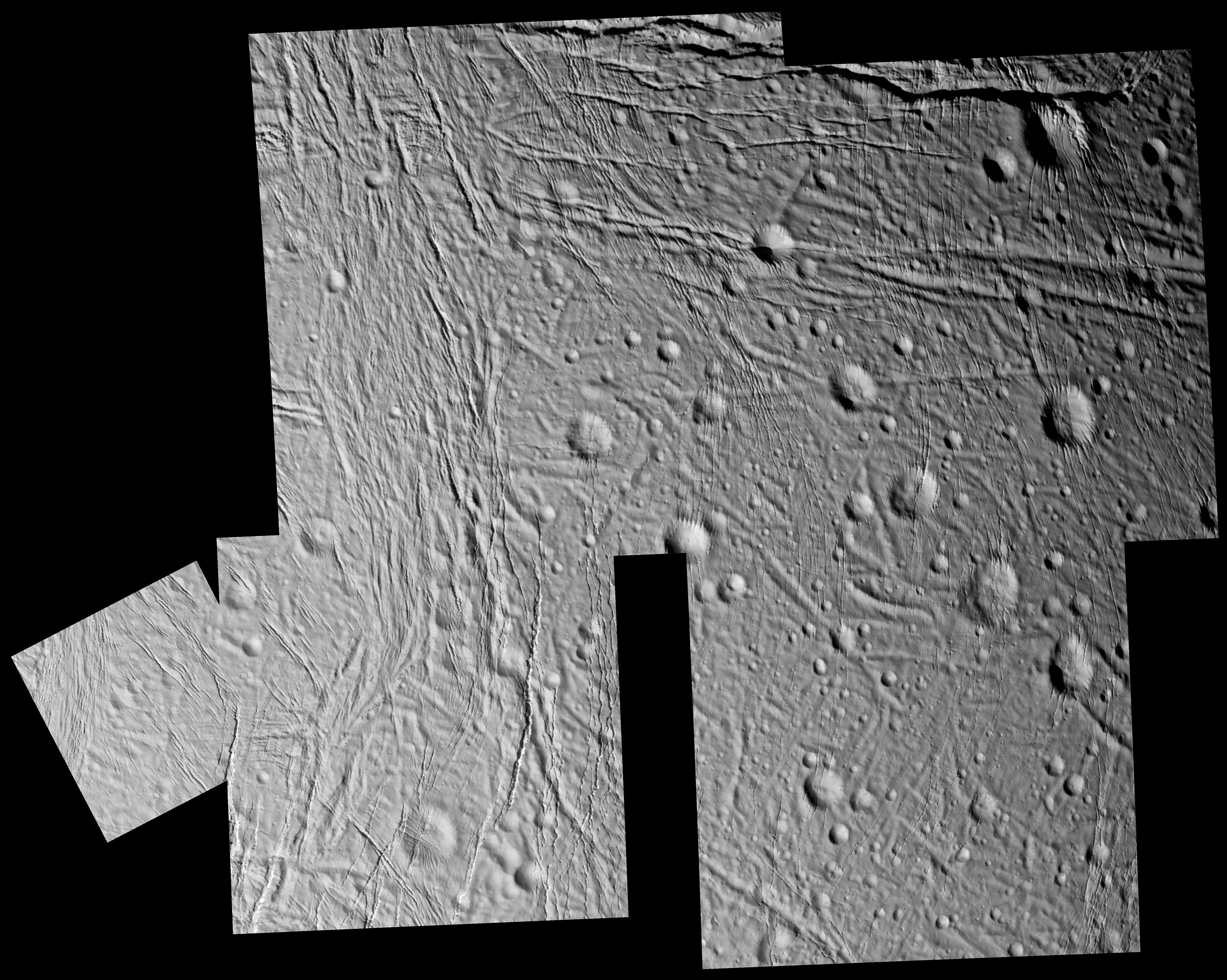 Fractures and impact craters on the surface of Enceladus