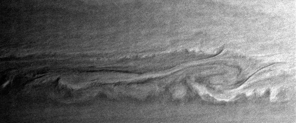 Close-up of Saturn showing turbulent interactions on the surface