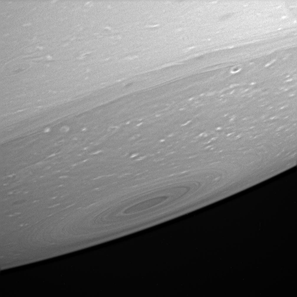 An up-close look at the haze-free upper atmosphere of Saturn's relatively dark south pole.