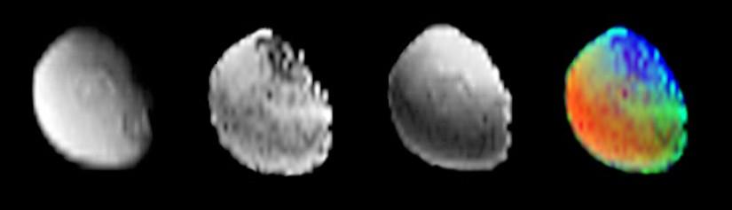 Four views of Iapetus in color and black and white.