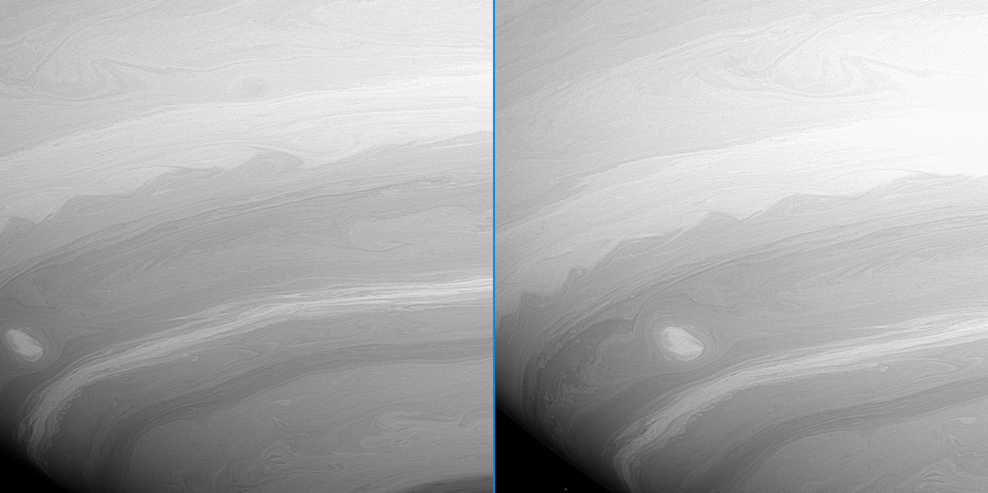 two images of Saturn showing vortices and turbulent wake's in the atmosphere