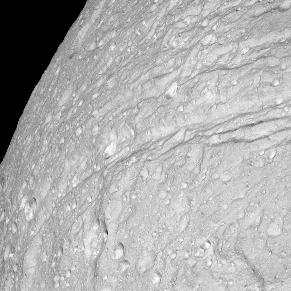 a close up image of Tethys' surface