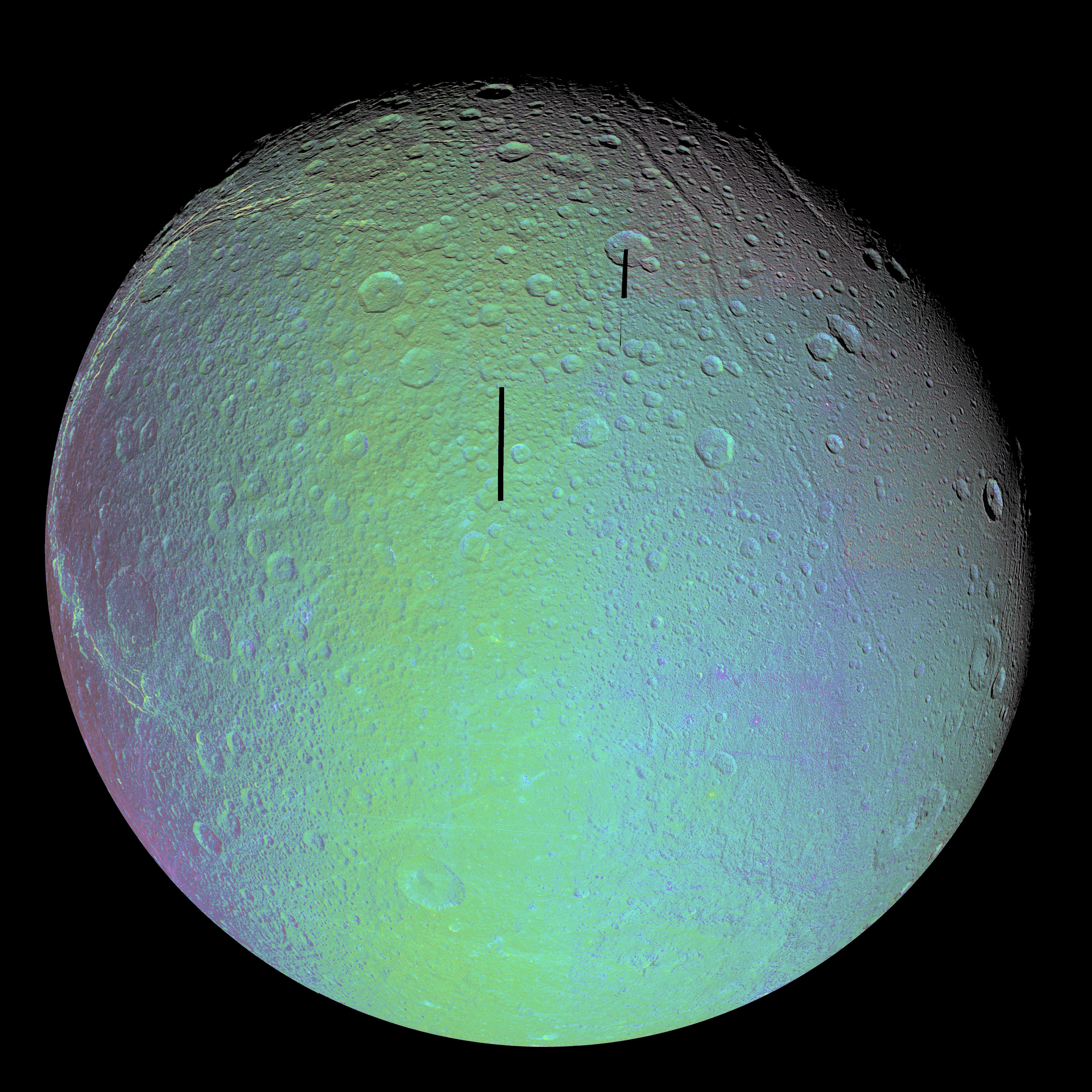 a false-color image of Dione