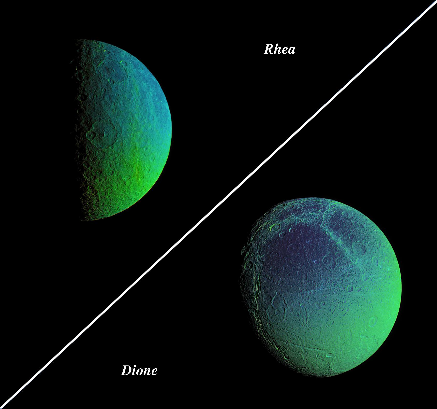Combination of two views of Saturn's moons Rhea and Dione