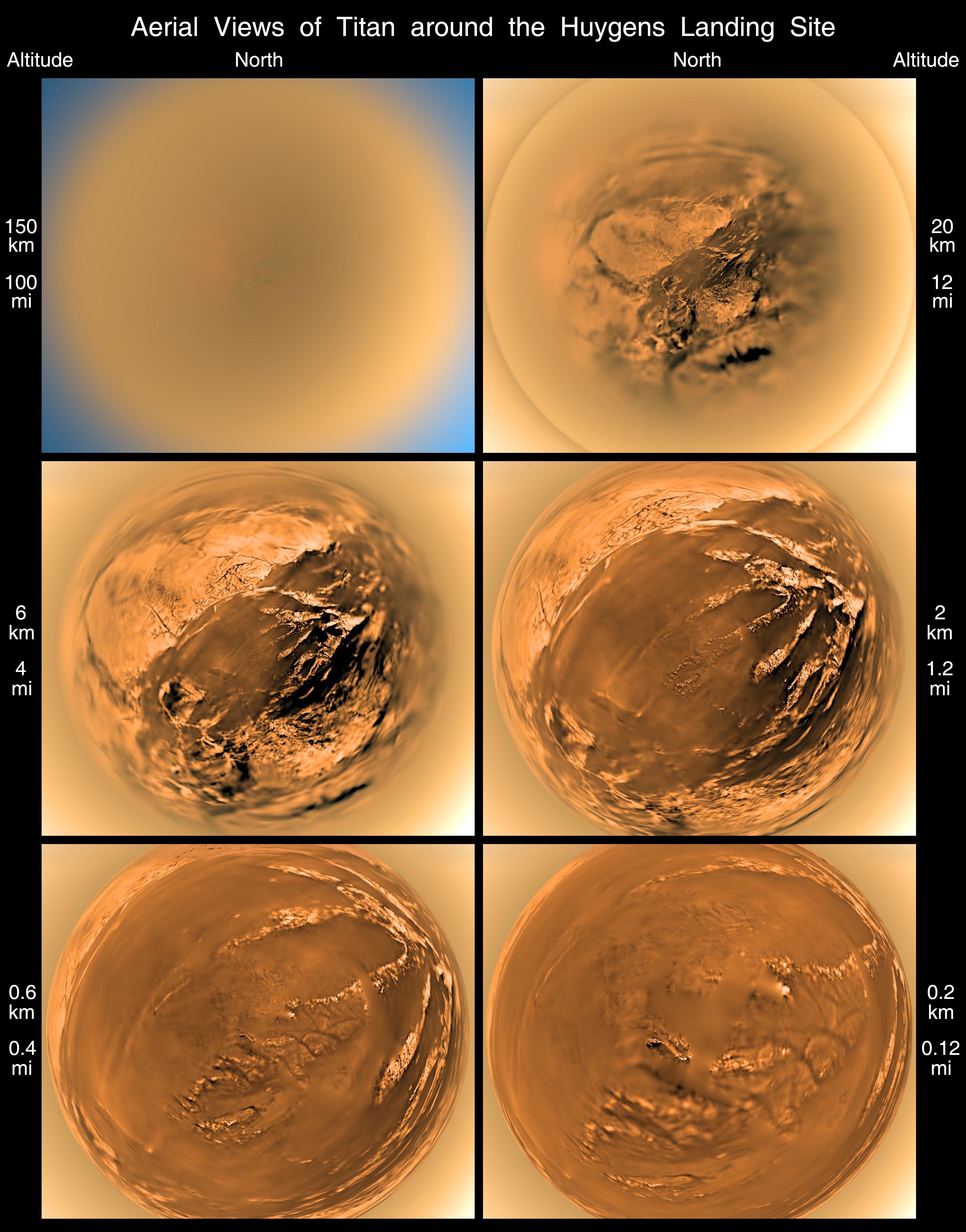 This poster shows a stereographic (fish-eye) view of Titan's surface from six different altitudes