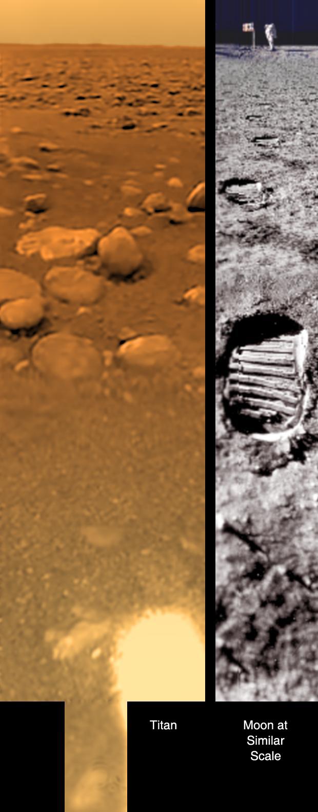 This poster shows a composite view from Huygens as the probe was setting on Titan's surface