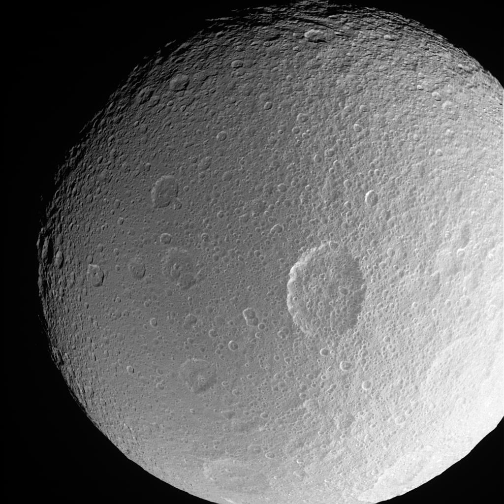 A close-up of Tethys showing the large crater Penelope