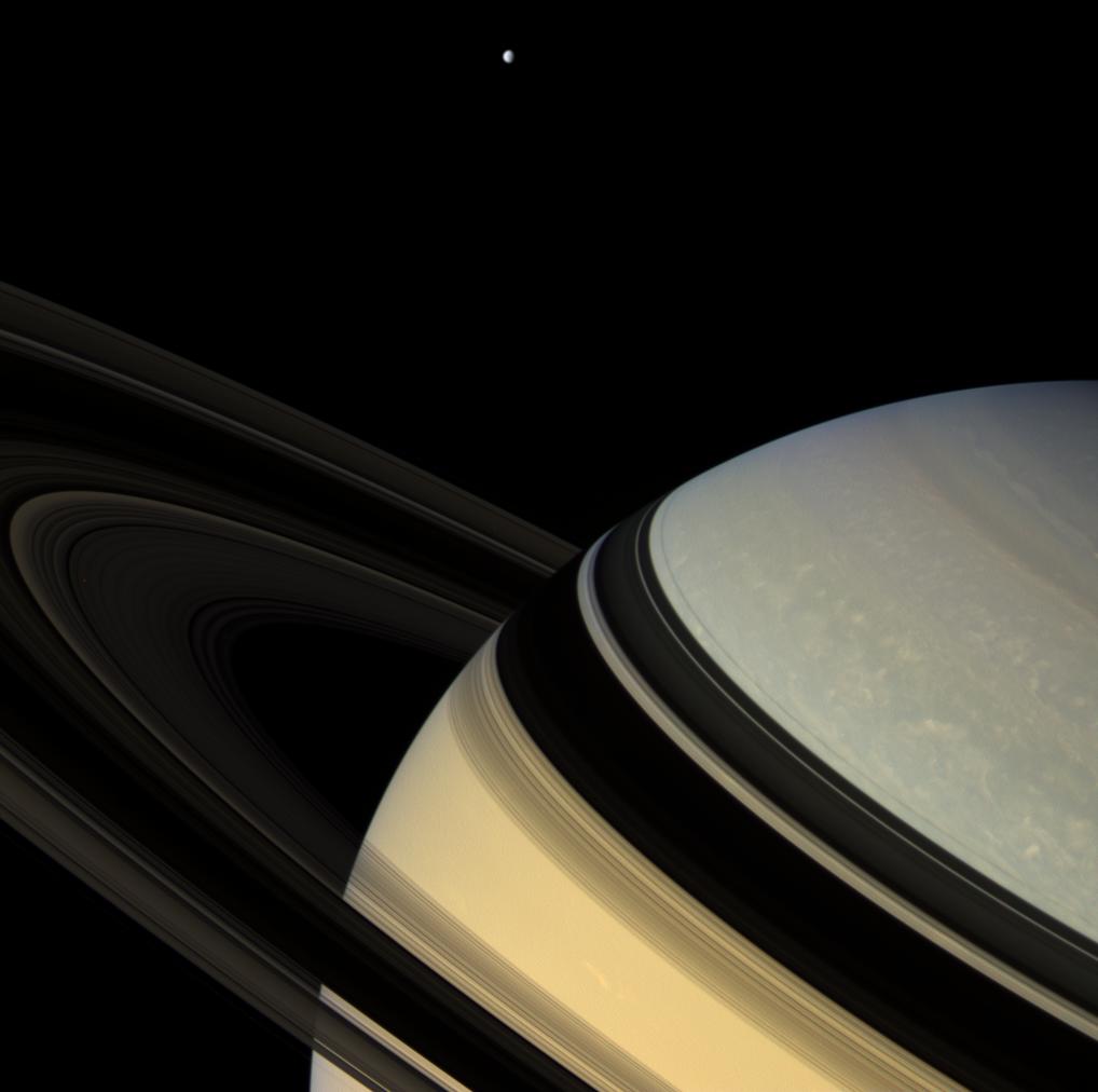 Saturn, it's rings, and Dione