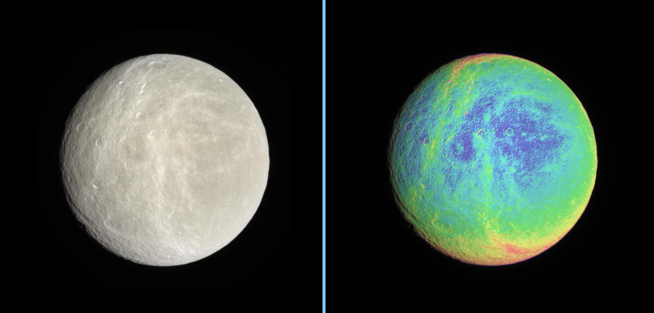 Rhea in natural color and false-color