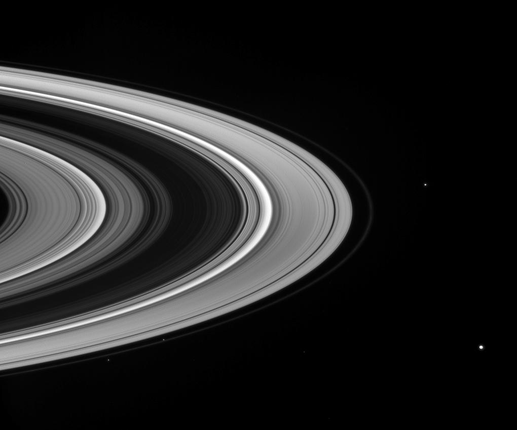 Saturn's rings, Janus, Mimas, Pandora and Prometheus