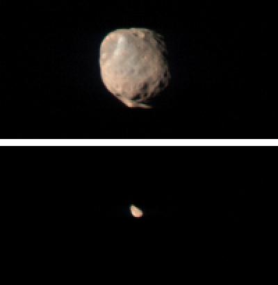 These two images taken by the Compact Reconnaissance Imaging Spectrometer for Mars (CRISM) show Mars' two small moons, Phobos and Deimos, as seen from the Mars Reconnaissance Orbiter's low orbit around Mars.