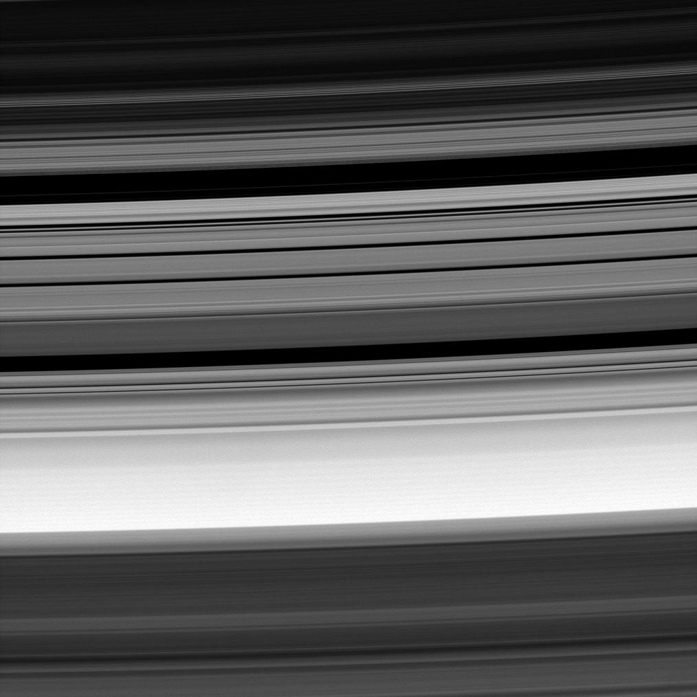 Saturns rings -- at center is the Cassini Division, flanked at top and bottom by the outer B-ring edge and the inner A-ring edge, respectively.