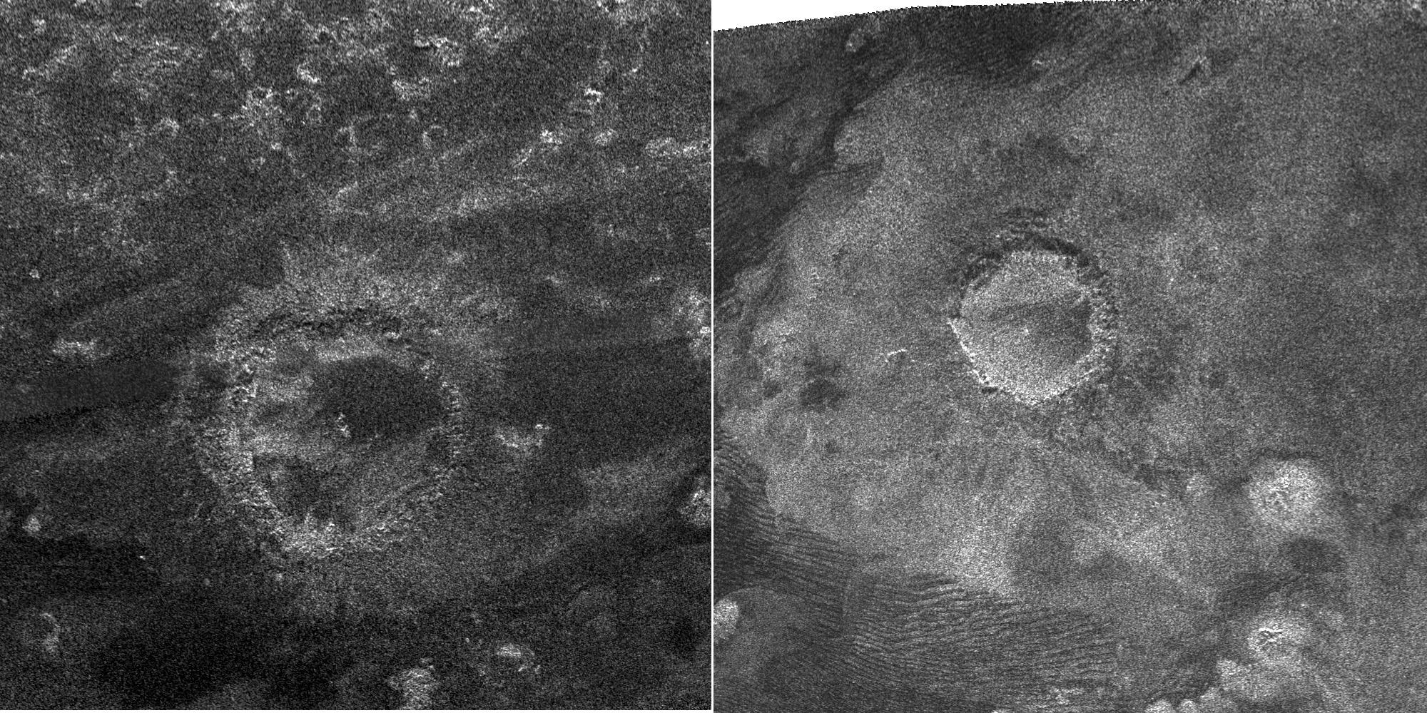 Side-by-side view of two impact craters on Titan.
