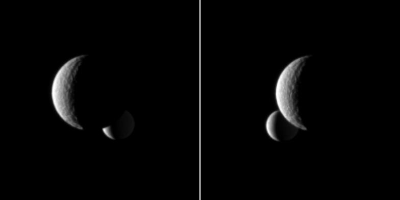 Enceladus passes behind the larger Tethys, as seen in this pair of Cassini images.