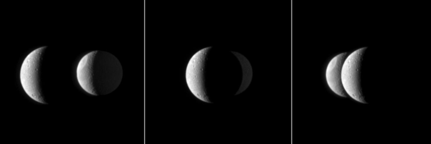 Dione passes in front of Tethys In these three images