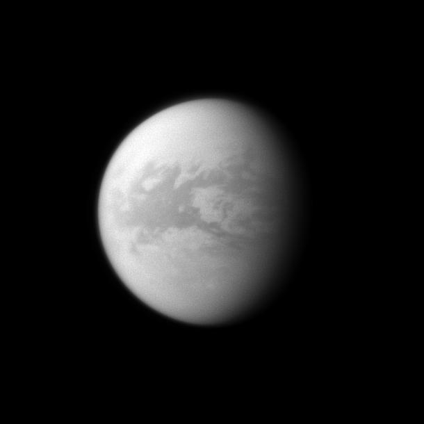The Cassini spacecraft looks toward the dark region of Belet on Saturn's largest moon, Titan.